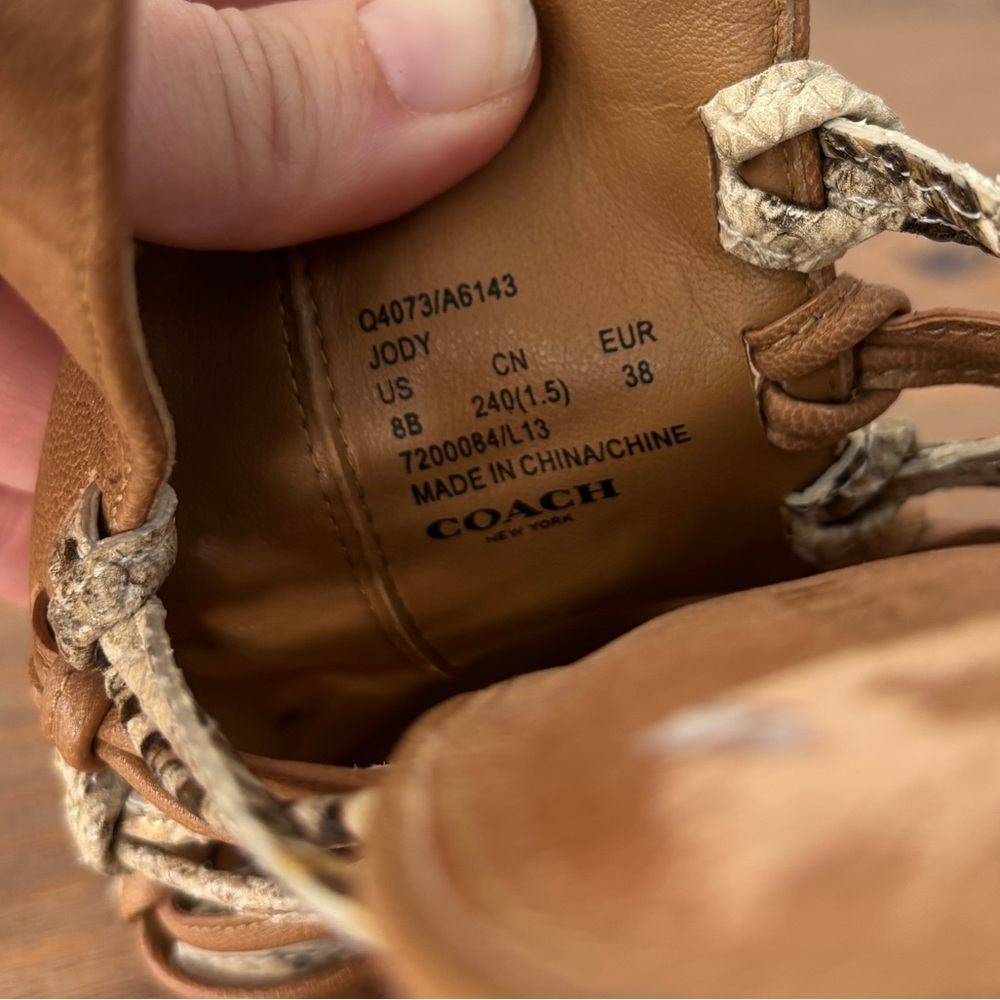 COACH Jody tan brown python snake detail leather sandal heels 8 $268 - Picture 8 of 9